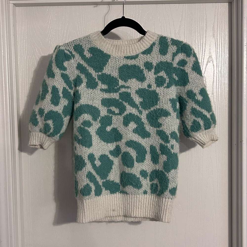 Greylin | Teal and Cream Leopard Sweater | Size XS